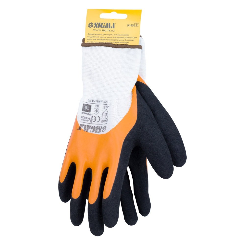 Рукавички трикотажні з подвійним латексним покриттям р10 (жовто-чорні, манжет) SIGMA (9445621) - Зображення 2